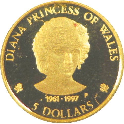 79 - An Elizabeth II gold 5 dollar coin, 1997, 1.2g, mounted within a commemorative Diana Princess of Wal... 