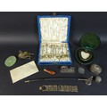 A group of silver and collectables, including a cased set of six spoons and matching tongs with hera... 