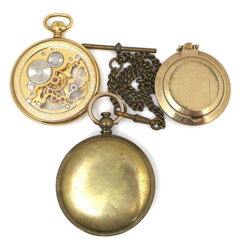 99 - A modern Halcon de Luxe gold plated skeleton pocket watch, keyless wind, with glass front and back e... 