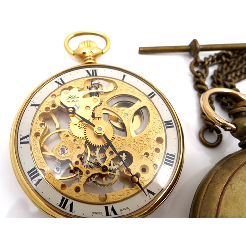 99 - A modern Halcon de Luxe gold plated skeleton pocket watch, keyless wind, with glass front and back e... 