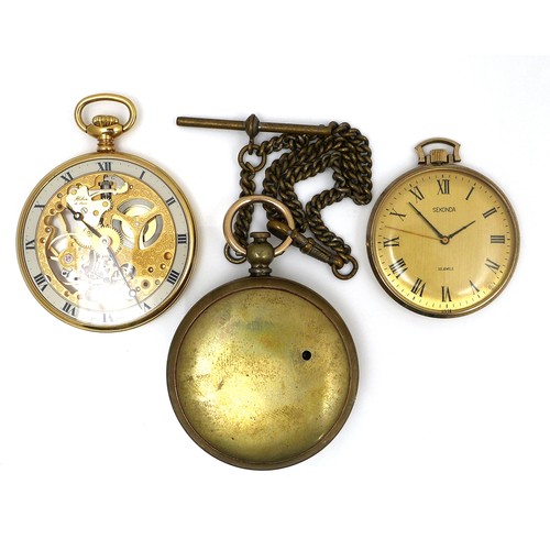 99 - A modern Halcon de Luxe gold plated skeleton pocket watch, keyless wind, with glass front and back e... 