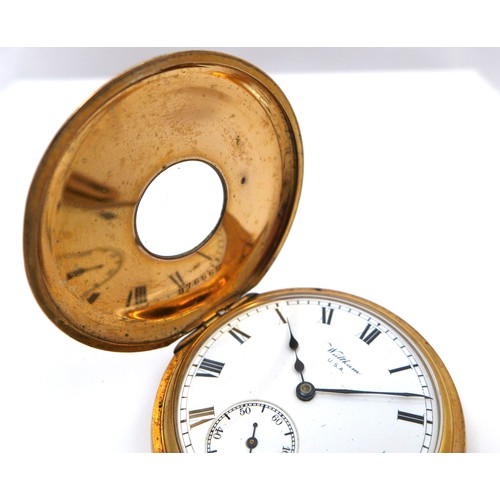 98 - An American Waltham 'Traveler' grade gold plated half hunter pocket watch, circa 1908, keyless wind,... 