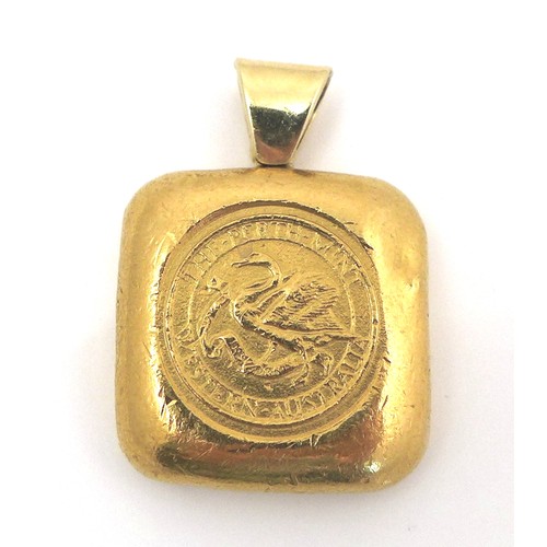 260 - An Australian 1oz 9999 fine yellow gold bullion bar pendant, of square form with loop pendant attach...