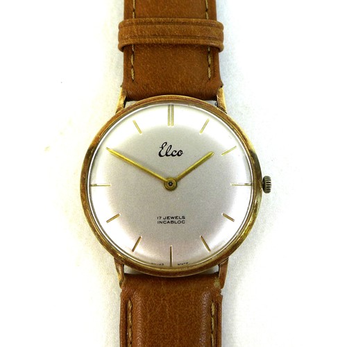 118 - A 14k gold cased Elco gentleman's wristwatch, circa 1960, circular silvered dial with gold batons, g... 