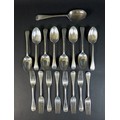 A George V silver part suite of cutlery, Old English pattern, comprising serving spoon, 21.5cm, eigh... 