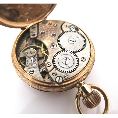 101 - A Continental 9ct gold lady's open faced pocket watch, circa 1913, keyless wind, with gold floral en... 