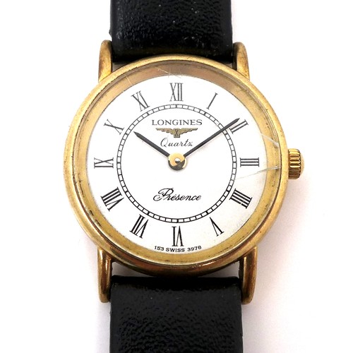 114 - A Longines 9k gold cased lady's wristwatch, circa 1990, circular  white dial with black Roman numera... 