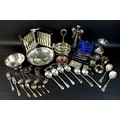 A quantity of silver plated items including a modern stylised Angel candlestick, four spirit bottle ... 