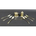 A group of George V  silver items, comprising a mustard pot, 6.5 including (handle) by 5.3 by 6cm hi... 