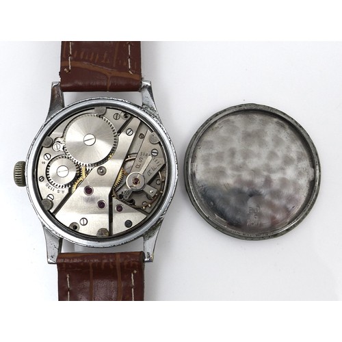 123 - A German WWII military Silvana stainless steel wristwatch, circular black dial with silver Arabic nu... 