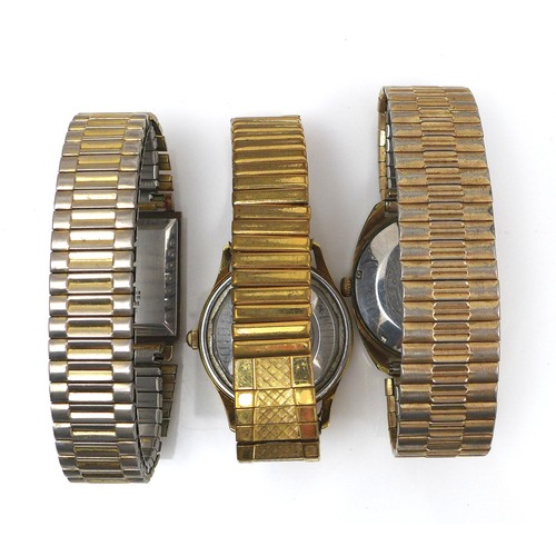 110 - A group of three gold plated gentleman's wristwatches, comprising a MuDu Doublematic, with circular ... 