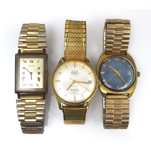 110 - A group of three gold plated gentleman's wristwatches, comprising a MuDu Doublematic, with circular ... 