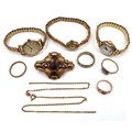 A group of gold watches and jewellery, comprising an Omega 9ct gold cased lady's wristwatch, ref. 51... 