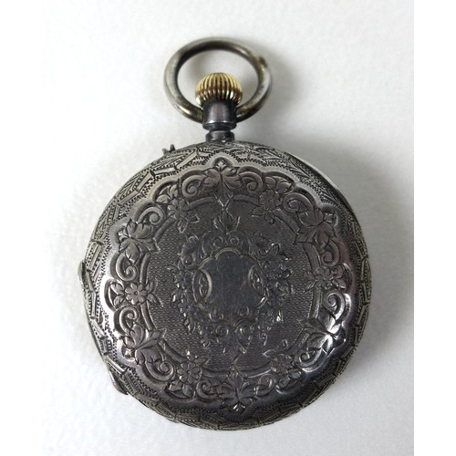 95 - A Victorian key wound pocket watch with silvered Roman numeral dial, silver dust cover, 50mm includi... 