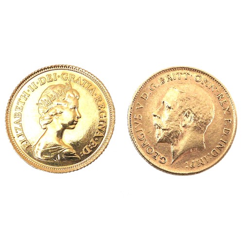 80 - A George V gold half sovereign, 1911, together with an Elizabeth II gold half sovereign, 1982. (2)