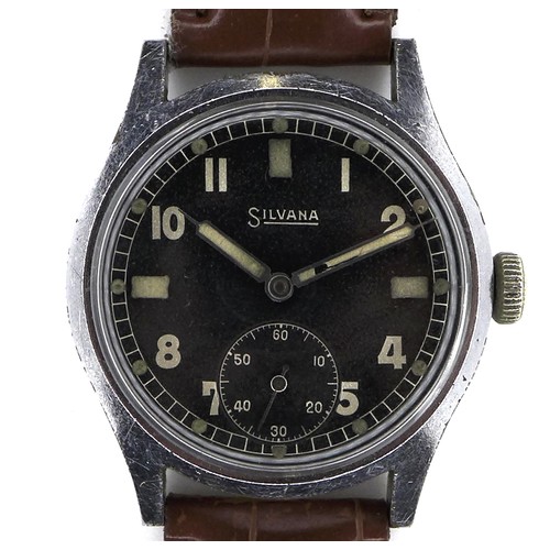 123 - A German WWII military Silvana stainless steel wristwatch, circular black dial with silver Arabic nu... 