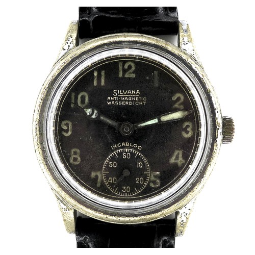 122 - A German WWII military Silvana steel and chrome plated wristwatch, circular black dial with luminous... 