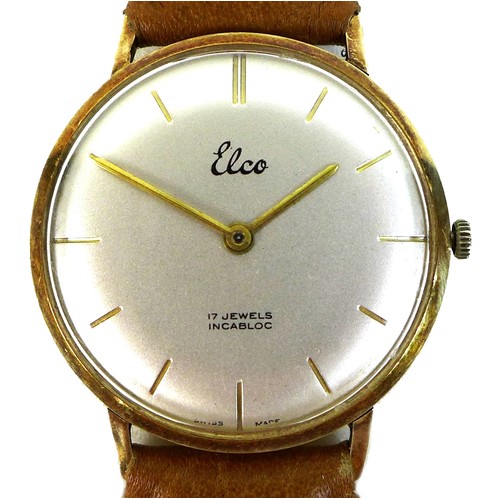 118 - A 14k gold cased Elco gentleman's wristwatch, circa 1960, circular silvered dial with gold batons, g... 