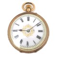 A Continental 14ct gold lady's open faced pocket watch, keyless wind, with white enamel dial with gi... 