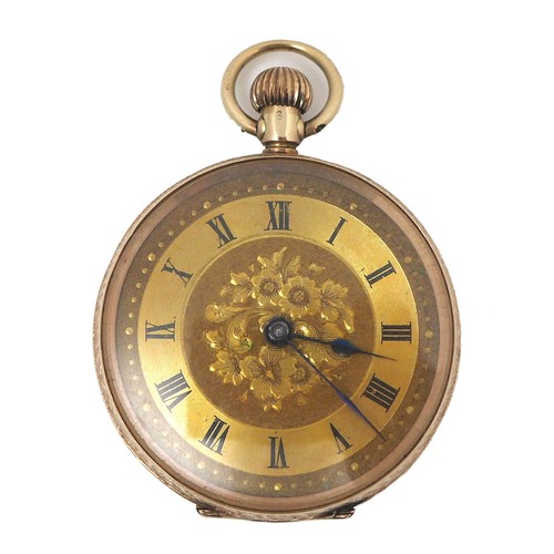 101 - A Continental 9ct gold lady's open faced pocket watch, circa 1913, keyless wind, with gold floral en... 