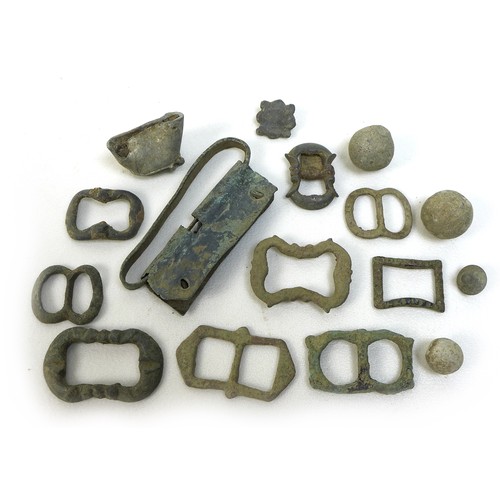 81 - A large collection of detectorist finds, likely Roman, Medieval and later, including coins, a buckle... 