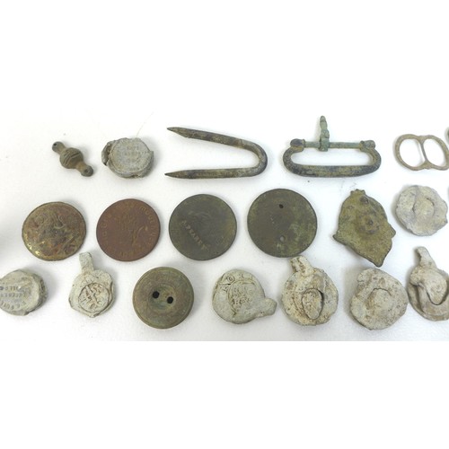 81 - A large collection of detectorist finds, likely Roman, Medieval and later, including coins, a buckle... 