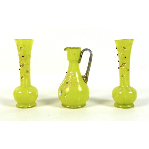 30 - A pair of Venetian vases and matching jug, yellow and white striated bodies decorated with applied e... 