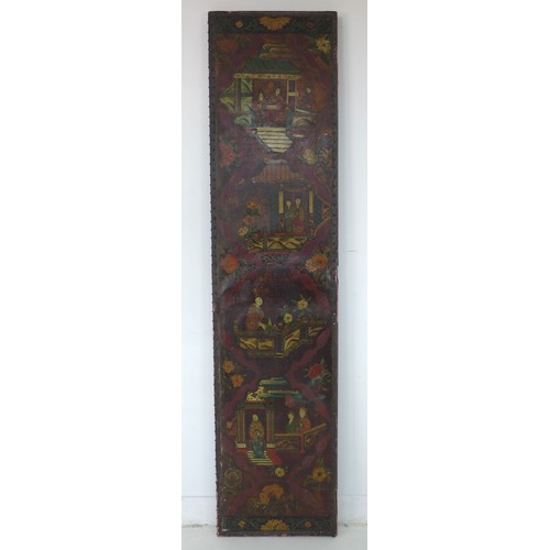 360 - A 19th century painted leather panel, originally from a room screen, decorated in Chinese style with... 