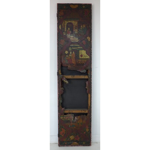 360 - A 19th century painted leather panel, originally from a room screen, decorated in Chinese style with... 