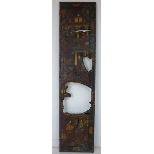 360 - A 19th century painted leather panel, originally from a room screen, decorated in Chinese style with... 