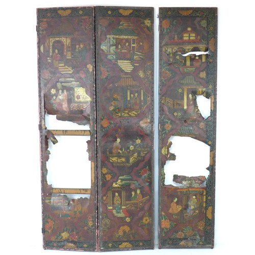 360 - A 19th century painted leather panel, originally from a room screen, decorated in Chinese style with... 