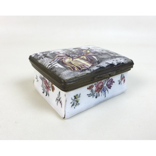 99 - A small 19th century enamel trinket box, hand painted decoration,  its lid with a gentleman playing ... 