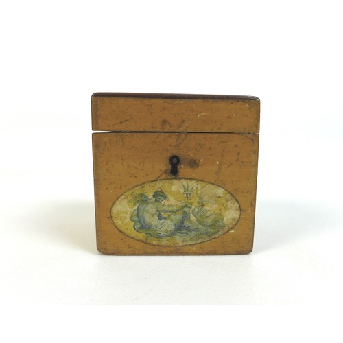 100 - A small Georgian fruitwood teacaddy, with ebony stringing, transfer printed  maiden to lid with imag... 