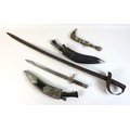 An 18th century style cutlass, with basket hilt, blade 87cm, overall 100cm, a/f, together with four ... 