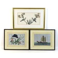 A group of three Chinese 'rice paper' paintings, 19th century, comprising one depicting two bids per... 
