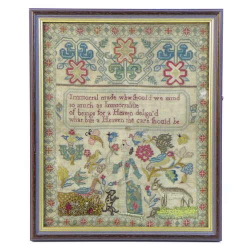 104 - A 17th or 18th century sampler, with text reserve 'Immortal made what should we mind so much as Immo... 