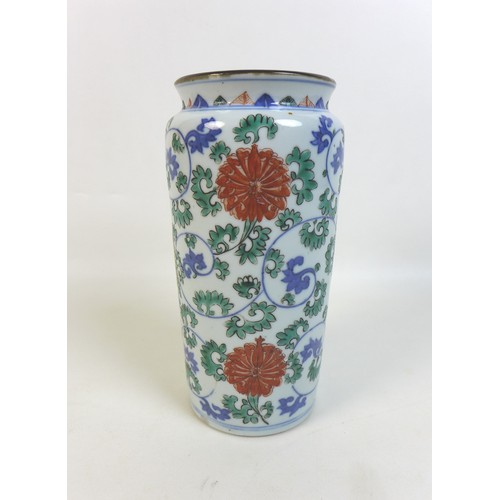 15 - A 20th century Chinese famille vert cylindrical vase, with no base markings, 10 by 20cm high.