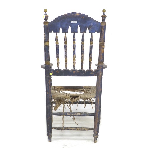 355 - A Spanish painted rush seated open armchair, early 20th century, with shaped open arms and ladder ba... 