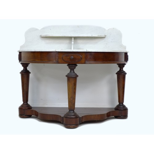 337 - A Victorian mahogany and white Carrara marble washstand, of demi lune form, the marble surface with ... 