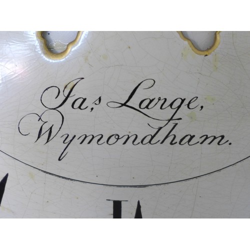 346 - An early 19th century oak long case clock, by Jas Large, Wymondham, the painted arch dial with subsi... 