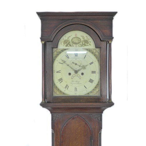 346 - An early 19th century oak long case clock, by Jas Large, Wymondham, the painted arch dial with subsi... 