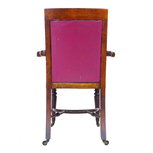 358 - A good Victorian mahogany office open armchair, with a purple buttoned leather back rest, shaped arm... 