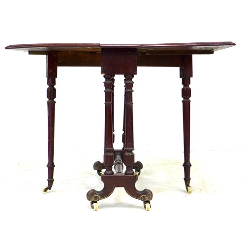 345 - A Victorian mahogany Sutherland table, drop leaves, turned supports and white ceramic castors, 76.5 ... 