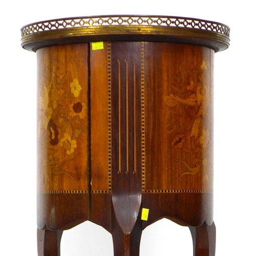 350 - A French late 19th century marquetry cylinder form side table, with circular pierced brass gallery, ... 