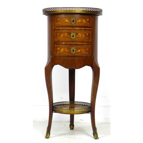 350 - A French late 19th century marquetry cylinder form side table, with circular pierced brass gallery, ... 