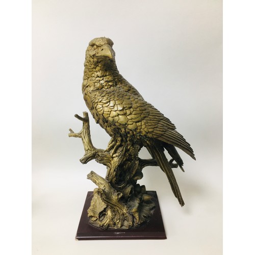 66 - A modern sculpture of an eagle, together with a silver plated metal sculpture of a fighting cock, an... 