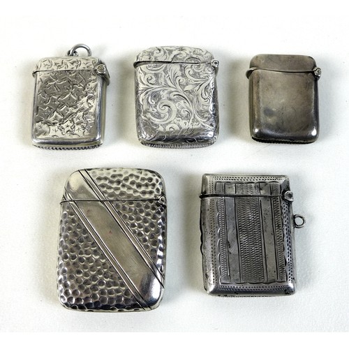 90 - A group of five Victorian and later silver vesta cases, all of rectangular form with hinged lids com... 