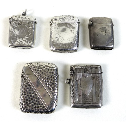 90 - A group of five Victorian and later silver vesta cases, all of rectangular form with hinged lids com... 