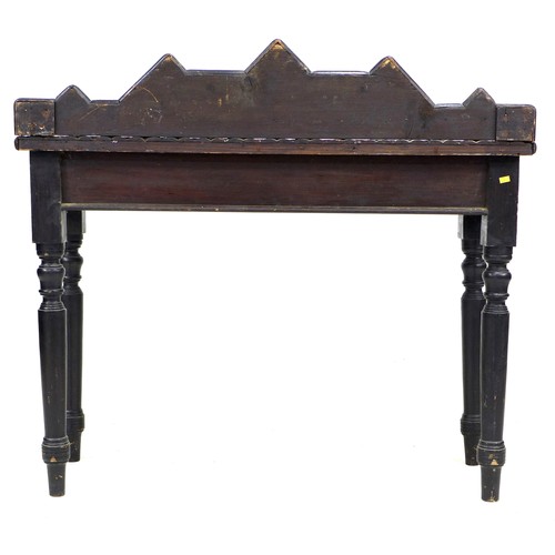 354 - An unusual 19th century ebonised oak side table, the surface and upstand applied with moulding cut i... 