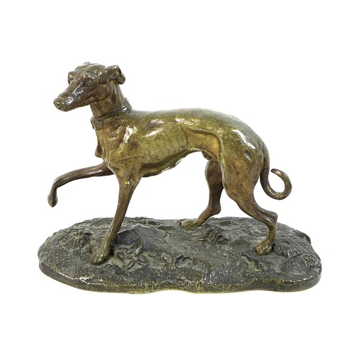 65 - A bronze sculpture of a whippet or lurcher, early 20th century, modelled in standing pose with raise... 